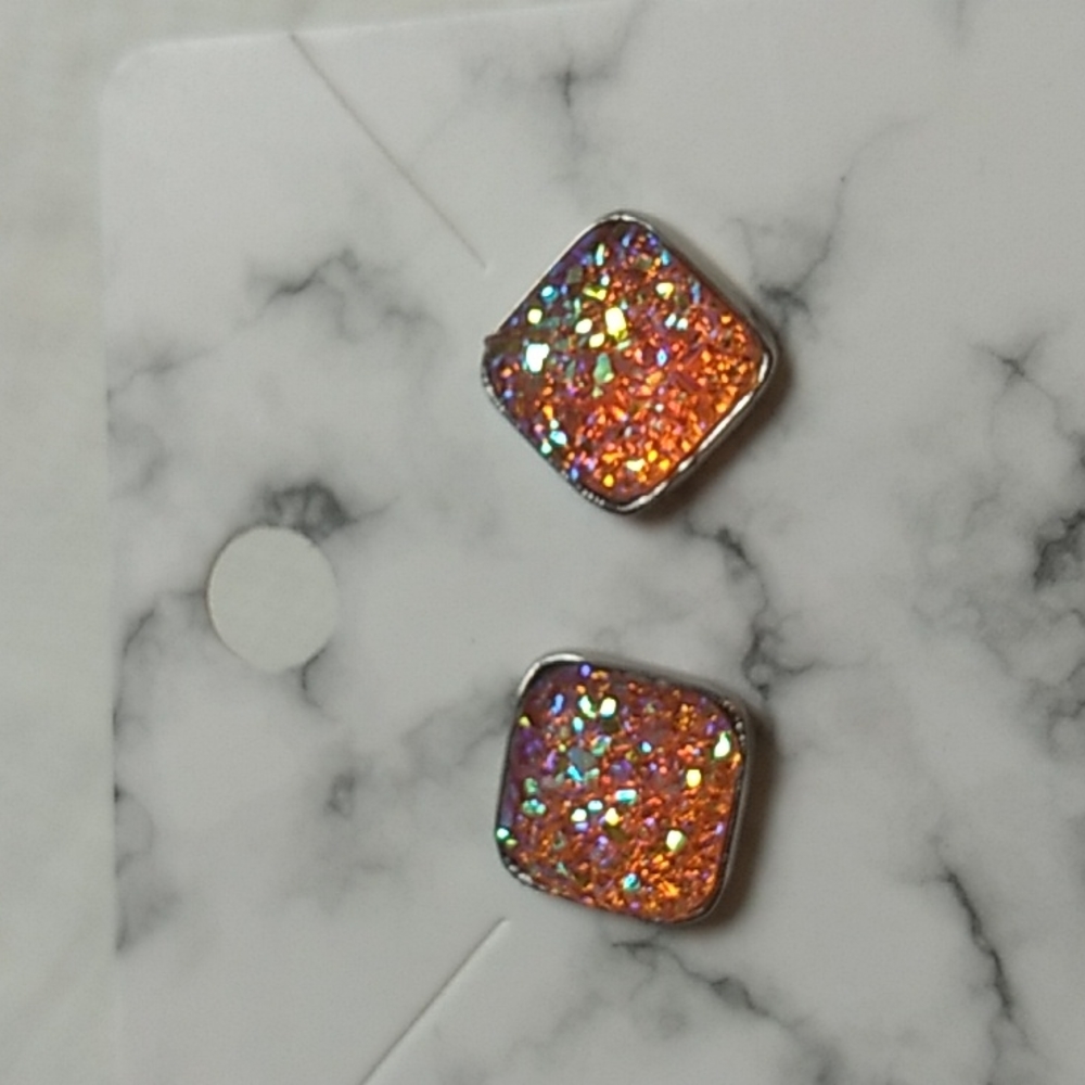 Stainless Steel Druzy Stud Earrings Square Shape Orange w Silver (19)